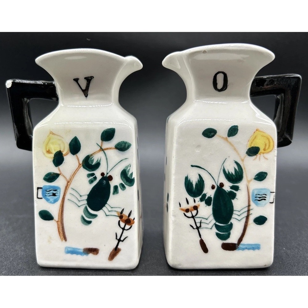 Vintage CWK Ceramic Vinegar Oil Cruet Set Lobster Print Hand Painted 2pc